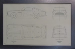 Framed copy of an engineering drawing for the DB4 Saloon