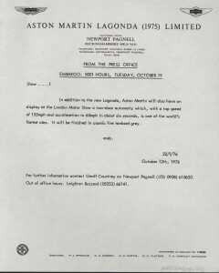 Press release for the London Motor Show, 1976