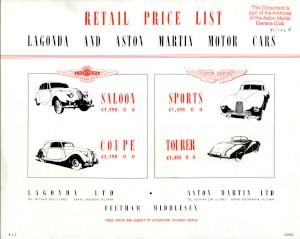 Price list for Lagonda and Aston Martin 2 Litre Sports