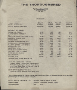 Price List for the V8 Saloon and V8 Vantage Price List for the V8 Saloon and V8 Vantage