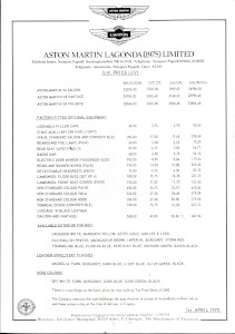 Aston Martin Price list - 1st April 1979