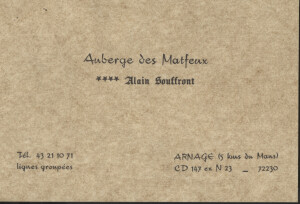 Business card from Auberge des Matfeux, 1989