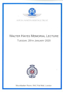 Programme/Menu for the Walter Hayes Memorial Lecture, 28 January 2020.