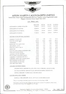 Aston Martin Price List for 17th June 1978