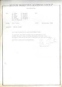 Memo from Alan Curtis, thanking named staff for their help at the 1978 London Motor Show
