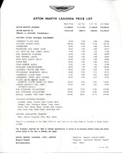 Aston Martin Price List for 7th July 1975