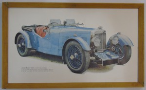 Framed drawing of a 1934 Aston Martin Mark 2 (drawn in 1966). 