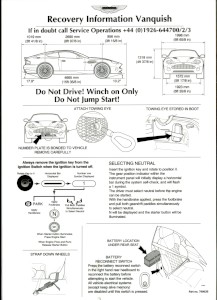 Laminated recovery information for the Aston Martin V12 Vanquish (2001-2007 model).