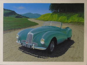 Large oil painting of an Aston Martin Two Litre Sports Drophead coupe, OPD 53 (AMC/50/15).
