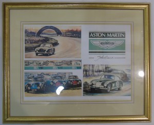 Colour print of a series of drawings by John Evans of Aston Martin DB2s competing at Le Mans.