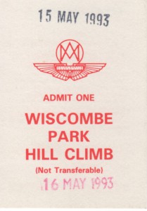 Admission ticket for Wiscombe Park Hill Climb on 15th and 16th May 1993
