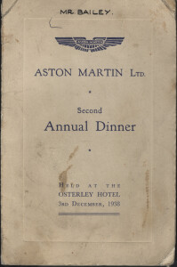 Menu card for the Second Annual Dinner for Aston Martin, 1938, John Walter Bailey Collection.