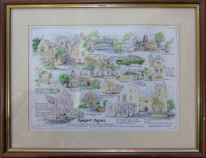 Watercolour and ink drawing of various landmarks in Newport Pagnell by Barbara Hilliam, 1991