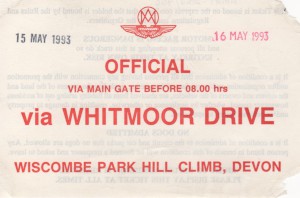 Official's parking ticket for Wiscombe Park Hill Climb on 15th and 16th May 1993