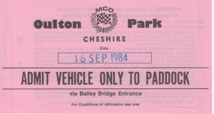 Paddock Car Park Entry Ticket for Aston Martin Owners Club Historic Car Races, Oulton Park on 16th September 1984