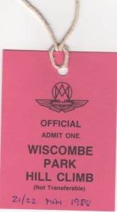 'Official' Admission Ticket for Wiscombe Park Hill Climb on 21st & 22nd May 1988