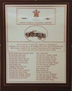 Framed document commemorating an "Aston Martin Owners" club dinner held by Victor Gauntlett, Berkeley Hotel, London on the 16th March 1985