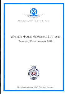 Programme/Menu for the Walter Hayes Memorial Lecture, RAC London, 22 January 2019.
