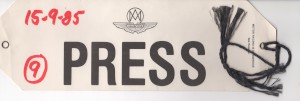Press Arm Badge for Historic Car Races, Oulton Park on 15th September 1985