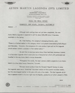 Press release for the new Aston Martin Lagonda, 1976