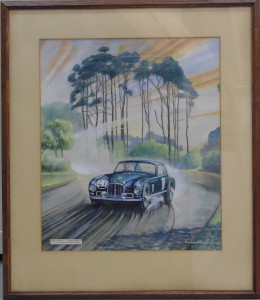 Framed print featuring Reg Parnell racing an Aston Martin during the 1950 Le Mans 24 Hours race. Artist: Richard Winby.