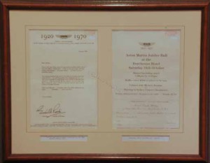 Two framed documents for the Aston Martin Owners Club Jubilee dinner, 24 October 1970.
