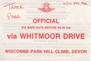 'Official' Track Pass for Wiscombe Park Hill Climb on 21st & 22nd May 1988