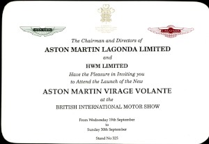 Invitation card: Launch of the Aston Martin Virage Volante at the International British Motorshow