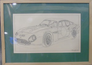 Framed drawing of Aston Martin DB4GT Zagato, 2 VEV (DB4GT/0183/R),  by N M Cunningham 2003.