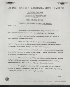 Press release for the new Aston Martin Lagonda electronic instruments, 1976