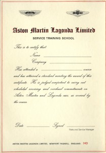 Aston Martin Lagonda Service Training School Certificate (blank)