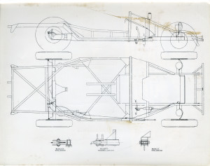 Technical drawing: side and overview of an Aston Martin DB2 chassis.
