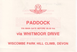 Paddock Parking Ticket for Wiscombe Park Hill Climb on 14th & 15th May 1994