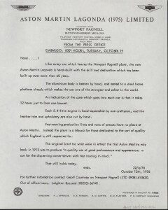 Press release for the new Aston Martin Lagonda, 1976